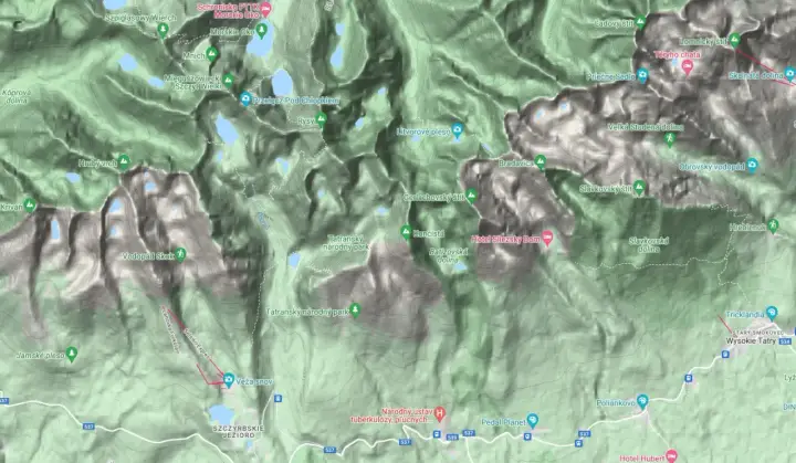Mapa Tatr z zaznaczonymi szlakami, w tym **Gerlach szlak**. Widoczne szczyty, doliny, jeziora i schroniska.