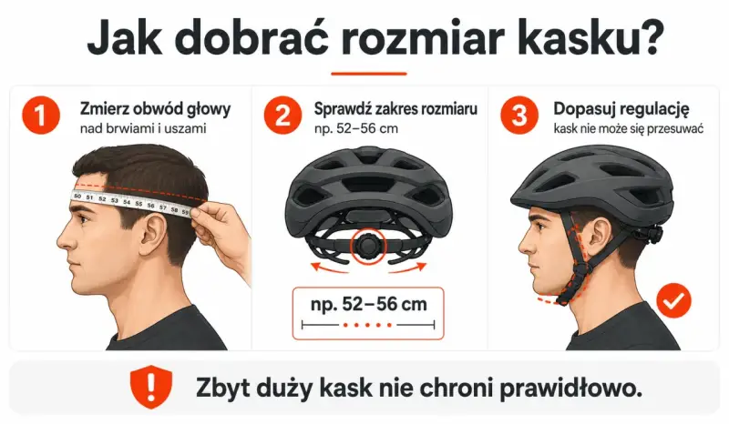 Jak dobrać rozmiar kasku? Zmierz obwód głowy, sprawdź zakres rozmiaru (np. 52-56 cm) i dopasuj regulację. Pamiętaj o prawidłowych rozmiarach kasków dla dzieci.